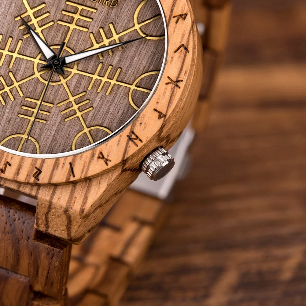 BOBO BIRD Viking Wooden Men Watch with Helm of Awe Unique Runic Circle Vegvisir Valknut Custom Wristwatch Norse Symbol Watches