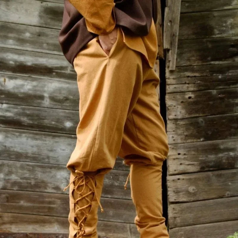 Medieval/Viking Style Washed Cotton Trousers with Side Pockets Elastic Waistband and Lace-up Calf