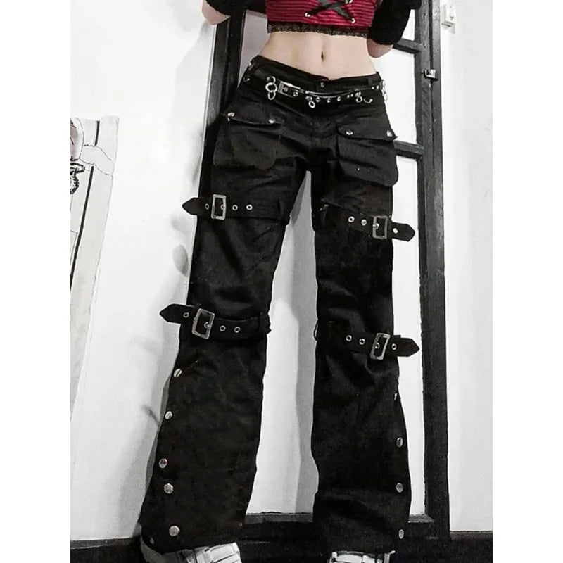 Women's Baggy Jeans with Eyelet Buckle, Denim Cargo Pants, Gothic Hippie Trousers, Dark Academic, Solid E Girl, Cyber Punk Goth,