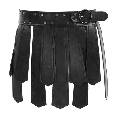 Mens Roman Patent Leather Skirts Medieval Warrior Adjustable Rivets Tassel Waist Belt with Buckle Gladiator Kilt Cosplay Bottoms