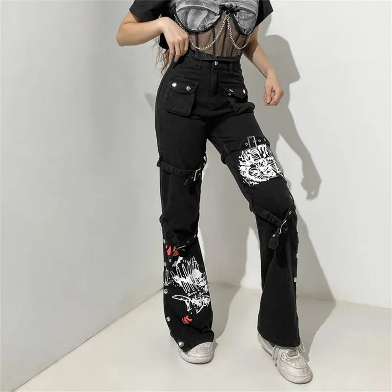 Women's Baggy Jeans with Eyelet Buckle, Denim Cargo Pants, Gothic Hippie Trousers, Dark Academic, Solid E Girl, Cyber Punk Goth,