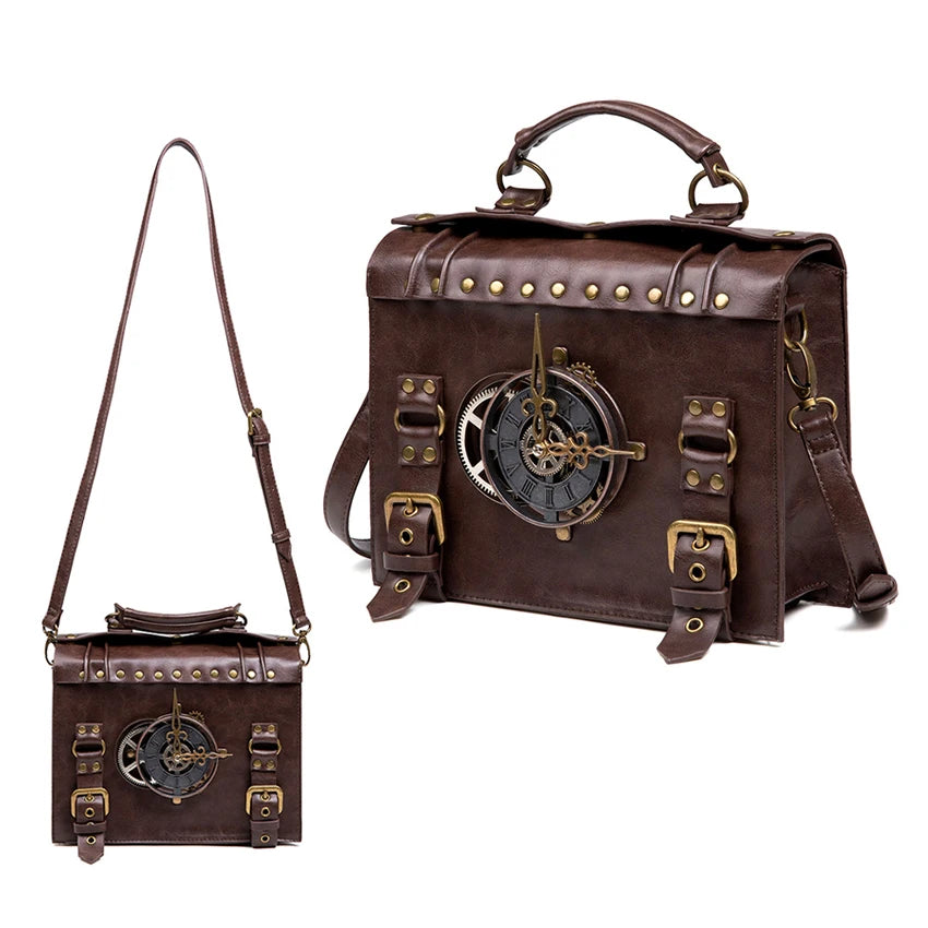 PU Leather Briefcase Shoulder Bag Medieval Steampunk Vintage Handbag Messenger Women's Clock Tote Crossbody Side Hand Bag Man