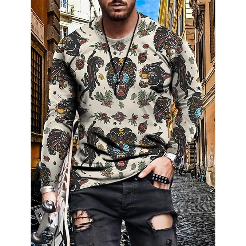 Men's Luxury Pattern Long Sleeve T Shirt Retro Cool Dragon Tiger Animal 3D Printed Round Neck T Shirts Harajuku Streetwear Tees