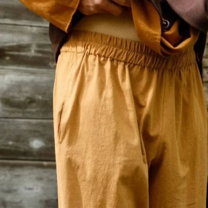 Medieval/Viking Style Washed Cotton Trousers with Side Pockets Elastic Waistband and Lace-up Calf