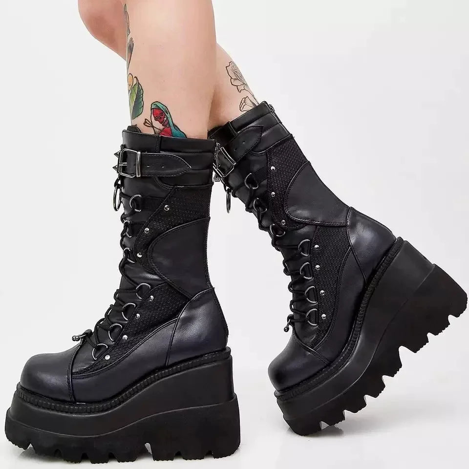 Brand New Ladies Goth Platform Boots Fashion Rivet Buckle Punk Wedges High Heels women's Boots Party Street Cosplay Woman Shoes