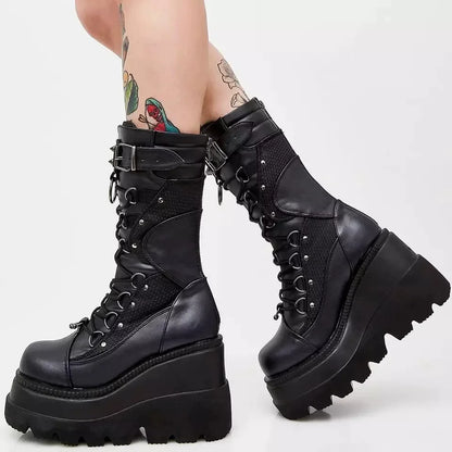 Brand New Ladies Goth Platform Boots Fashion Rivet Buckle Punk Wedges High Heels women's Boots Party Street Cosplay Woman Shoes