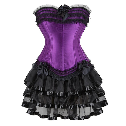 Gothic Corset Tutu Skirt Set Sexy Satin Lace Trim Overbust Corselet Top Women Burlesque Lingerie Bustier Victorian Party Costume