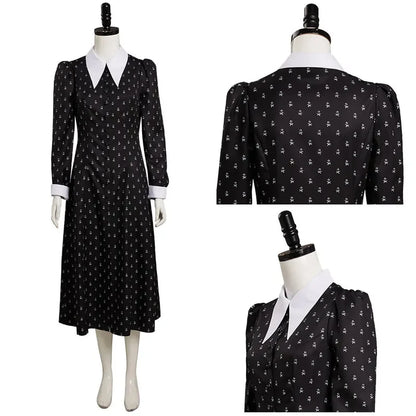 Movie Wednesday Addams Dresses Cosplay Costumes Women Girl Wednesday Addams Cosplay Dress Outfits Black Gothic Printing Costume