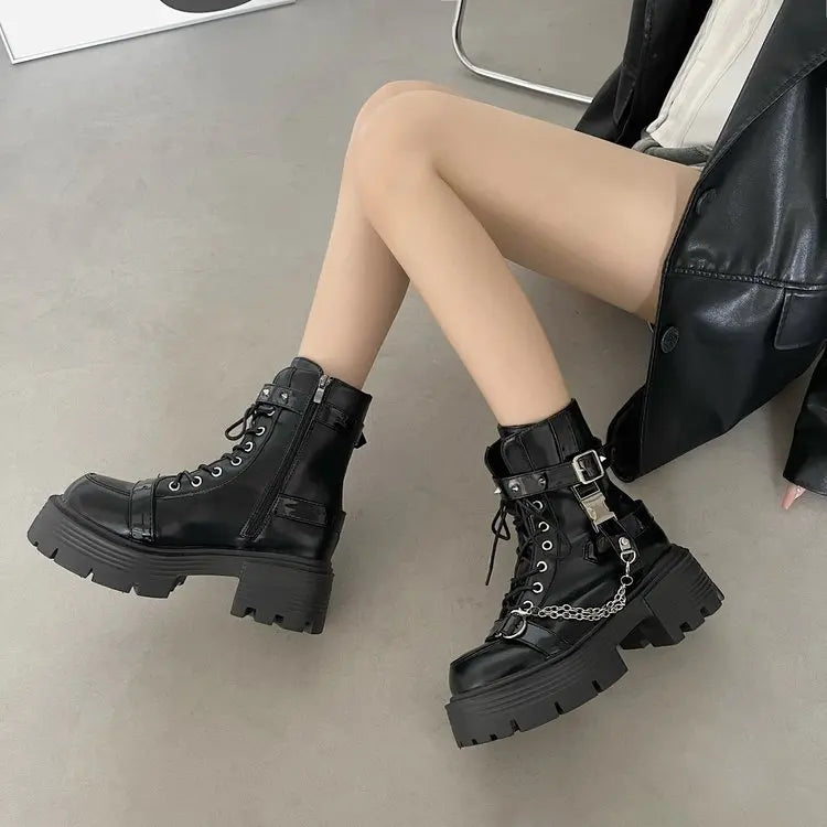 Platform Thick Gothic Boots Lady Buckle Autumn Shoes Women Wedges Ankle Boots Punk Street Cosplay Botas Motorcycle Chain Booties