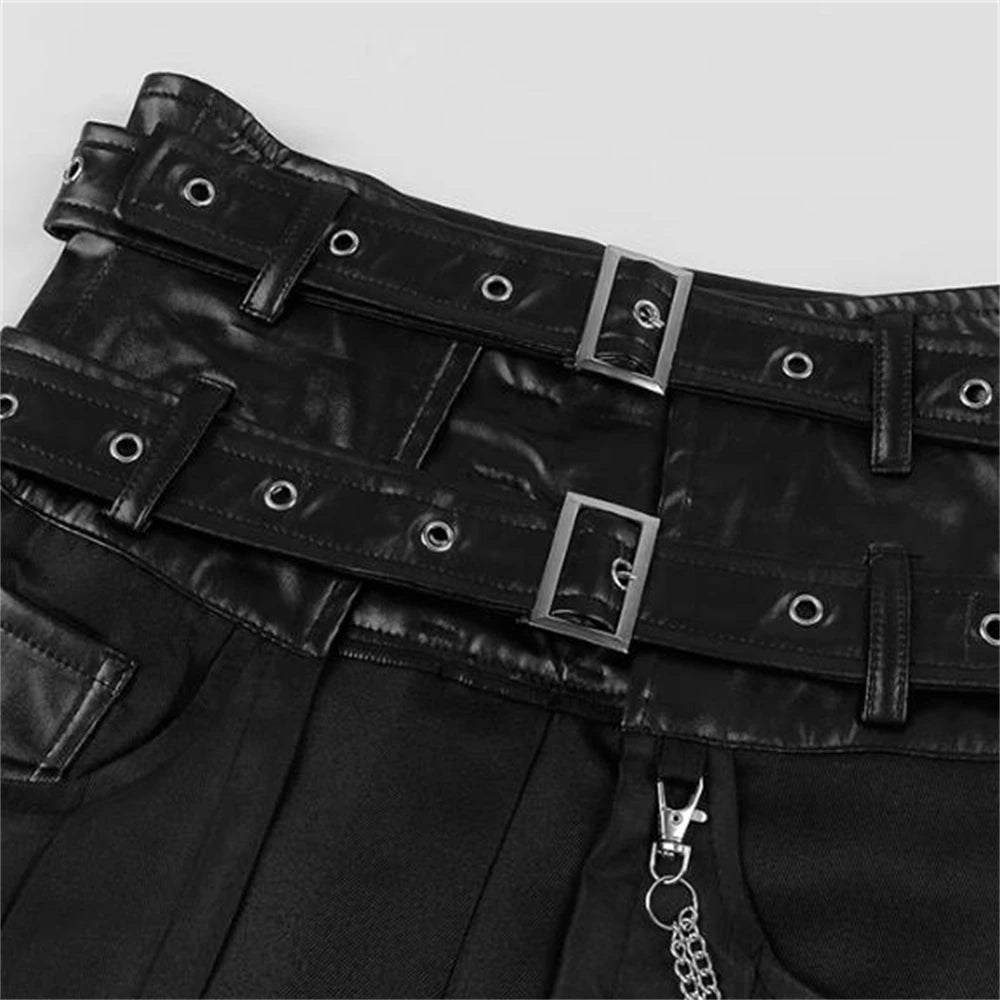 Cosplay Punk Pleated Skirt Men's Gothic Leather Belt Medieval Roman Warrior Kilt Metal Chian Asymmetry Black Halloween Costume