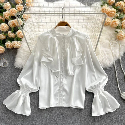 Retro Long Sleeve V Neck Lace Patchwork Blouse Slim Sexy Shirt Women Gothic Streetwear Pleated Fashion Top