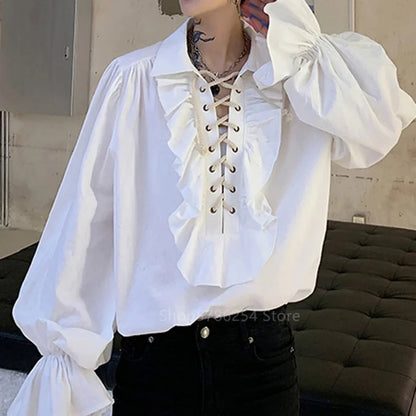 Medieval Men Tunic Viking Pirate Costume Gothic Shirts Grooms Vintage Top Ruffle Sleeve Neckline Drawstring Knight Cosplay Fancy