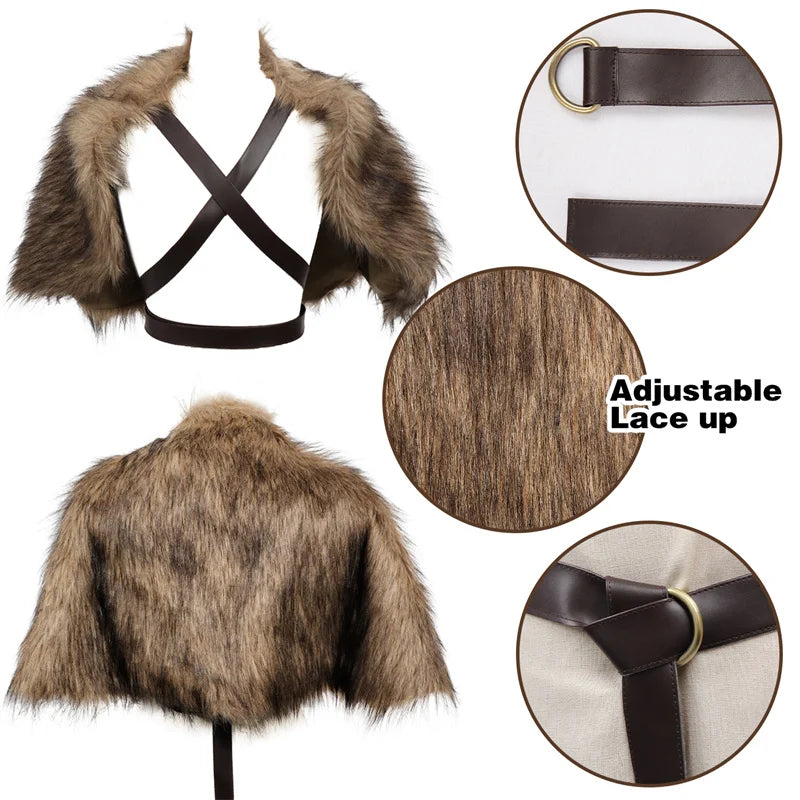 DAZCOS Medieval Faux Fur Wrap Collar Shawl Winter Shrug Cosplay Costume with Belt Viking Faux Fur Cape Shawl with Leather Straps