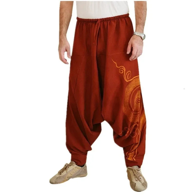 Men Chinese Style Print Bloom Harem Pants Japanese Loose Wide Leg Trousers African Indian Bottoms Pirate Viking Medieval Costume