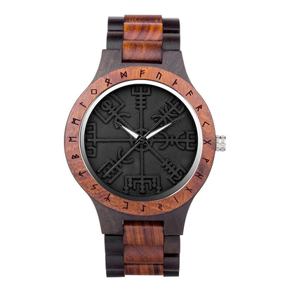 BOBO BIRD Viking Wooden Men Watch with Helm of Awe Unique Runic Circle Vegvisir Valknut Custom Wristwatch Norse Symbol Watches