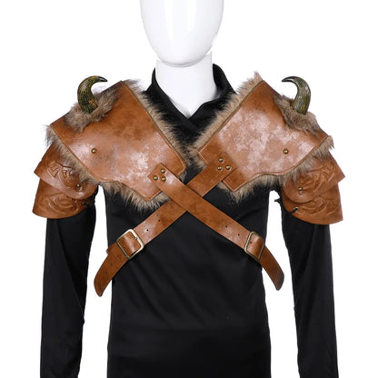 Medieval Warrior Men Armour Costume Cosplay LARP Adult PU Leather Brown Fur Viking Shoulder Armor with Horn Costumes