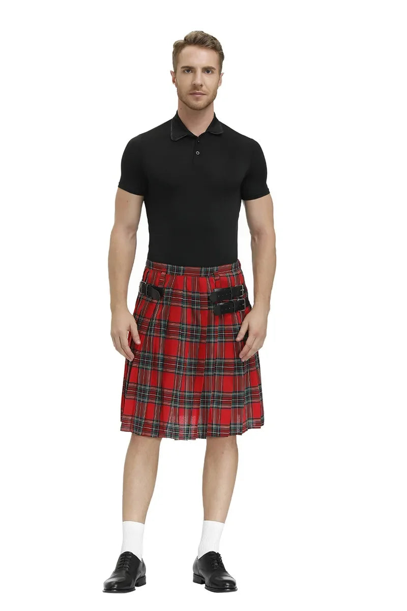 Men Scotland Kilt Traditional Plaid Belt Pleated Bilateral Chain Gothic Punk Hip-hop Avant Garde Scottish Tartan Pants Skirts