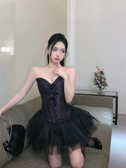 ReddaChic Overbust Corset Tulle Tutu Women 2-piece Set Hooks & Eyes Boned Lace-up Textured Tube Top Puffy Miniskirt Goth Outfits