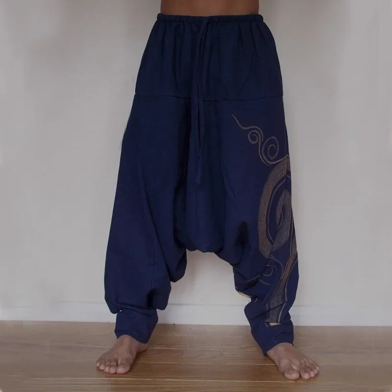 Men Chinese Style Print Bloom Harem Pants Japanese Loose Wide Leg Trousers African Indian Bottoms Pirate Viking Medieval Costume