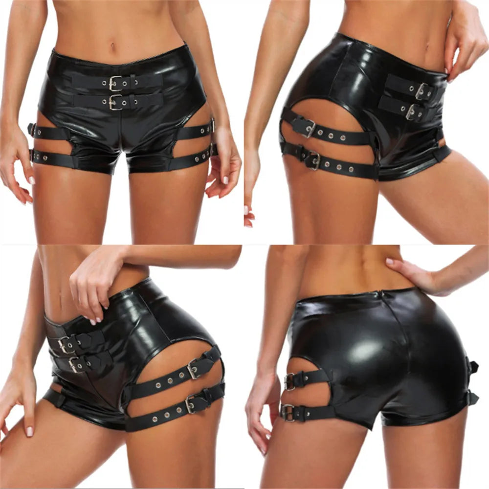 Women Sexy Faux Leather black Shorts Girl High waist Nightclub pole dance Hot Shorts YF049-#838