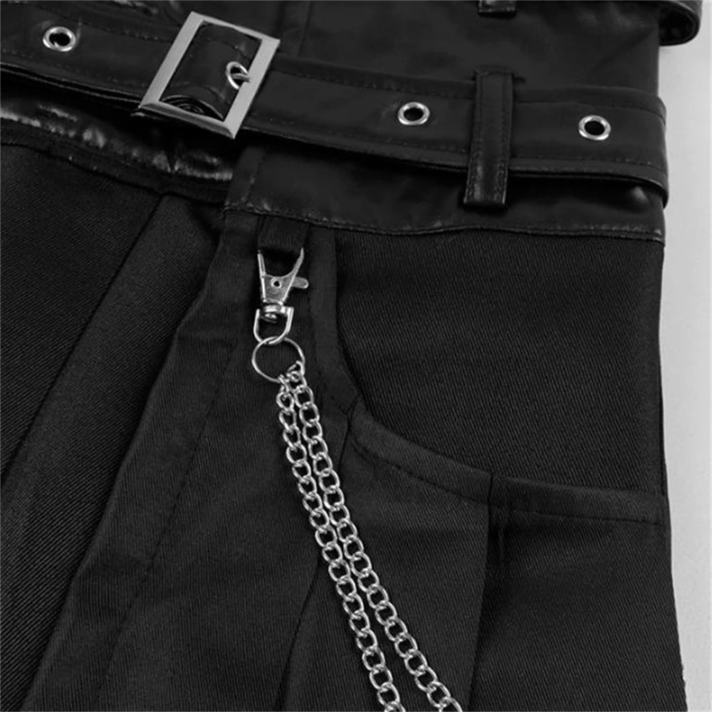 Cosplay Punk Pleated Skirt Men's Gothic Leather Belt Medieval Roman Warrior Kilt Metal Chian Asymmetry Black Halloween Costume