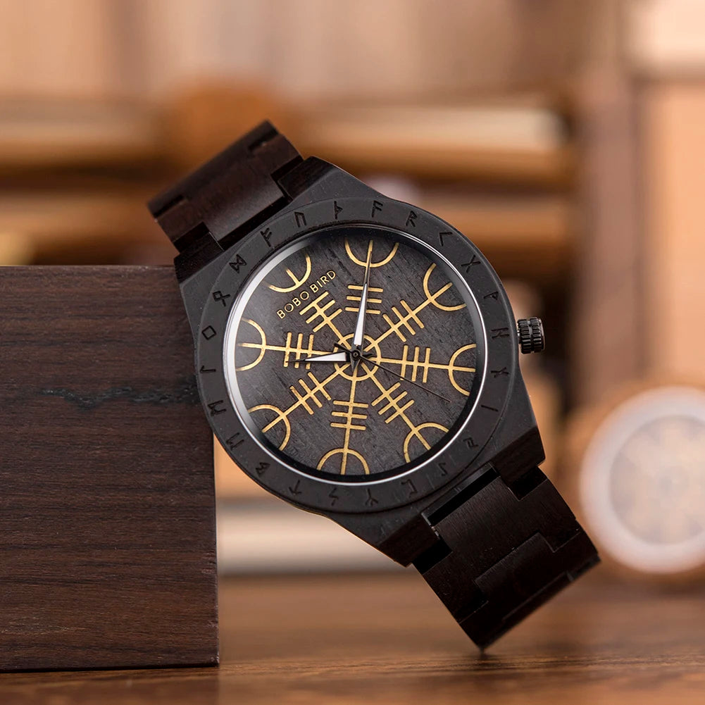 BOBO BIRD Viking Wooden Men Watch with Helm of Awe Unique Runic Circle Vegvisir Valknut Custom Wristwatch Norse Symbol Watches