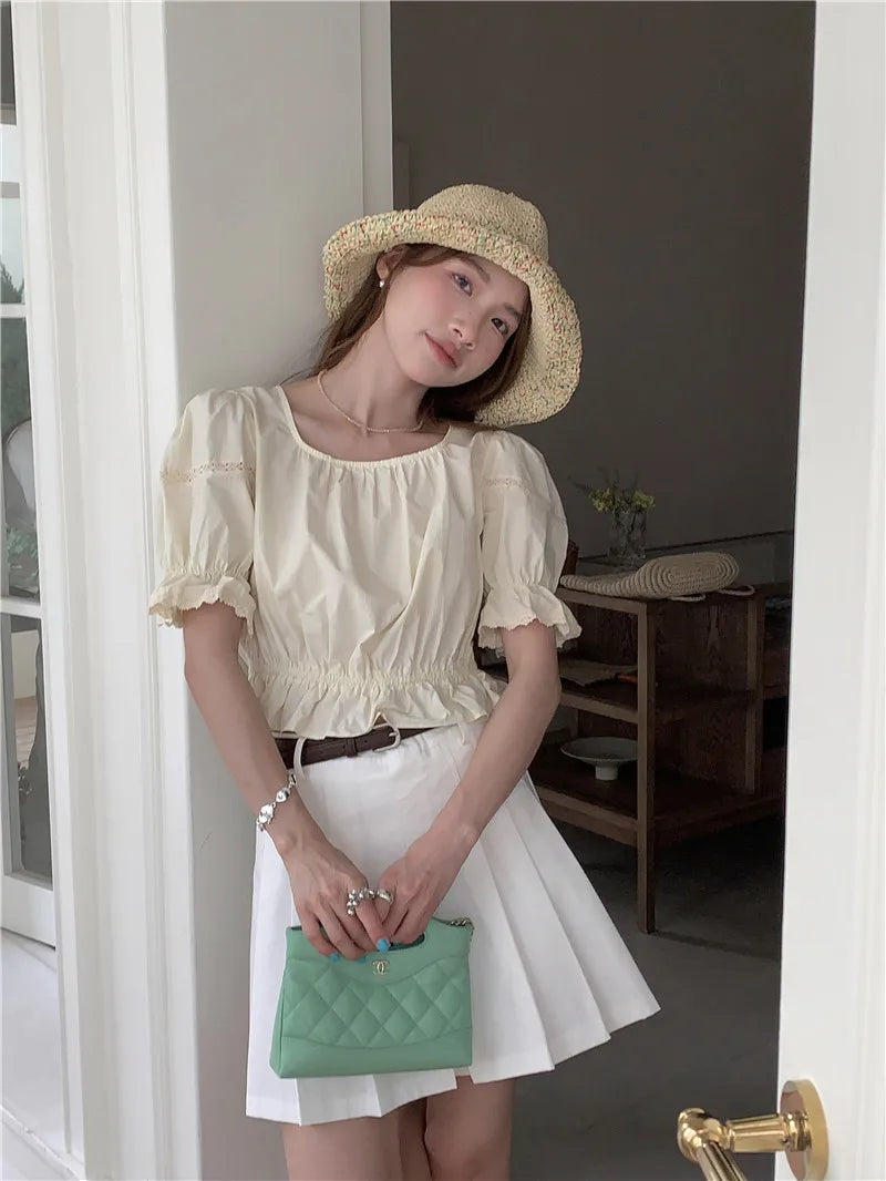 Lantern Sleeve White Ruffles Slash Neck Short Sweet Lolita Shirt Women Victorian Gothic Ladies Top Steampunk Vintage Clothes