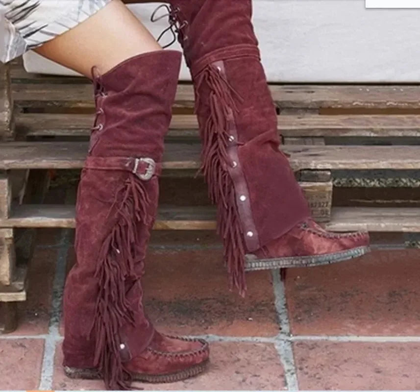 Fashion Bohemia Knee-length Women Boots Ethnic Personality High Boot Tassels Faux Suede Boots Girl Flat Bottom Long Botas Mujer