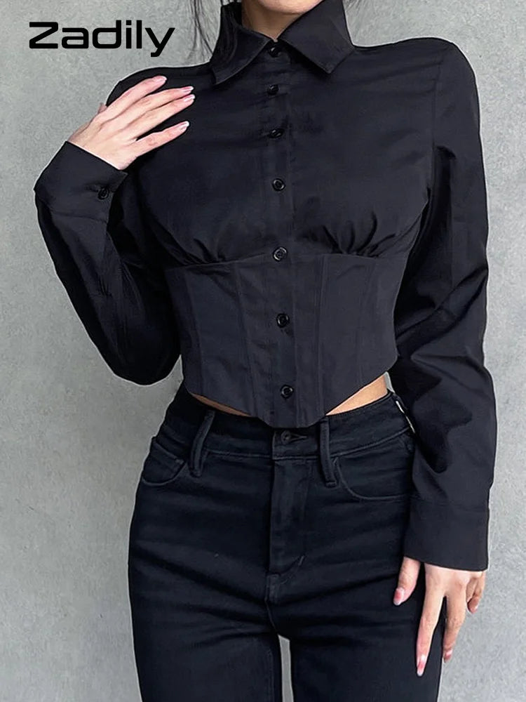 Women's Long Sleeve Folds ZA Shirt, Street Gothic, Slim Button, Ladies Crop Top, Club Blouse, Female Clothing, Summer, New, 2024