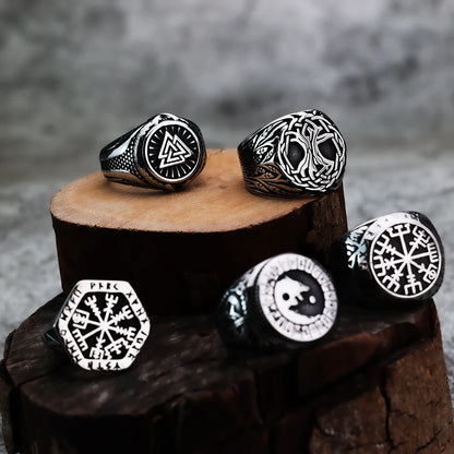 Nordic Viking Stainless Steel Ring Anchor Compass Tree of Life Rune Amulet Wolf Men Women Finger Jewelry Biker Party Club Gift