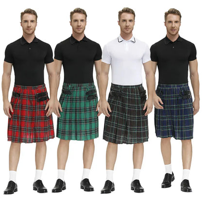 Men Scotland Kilt Traditional Plaid Belt Pleated Bilateral Chain Gothic Punk Hip-hop Avant Garde Scottish Tartan Pants Skirts