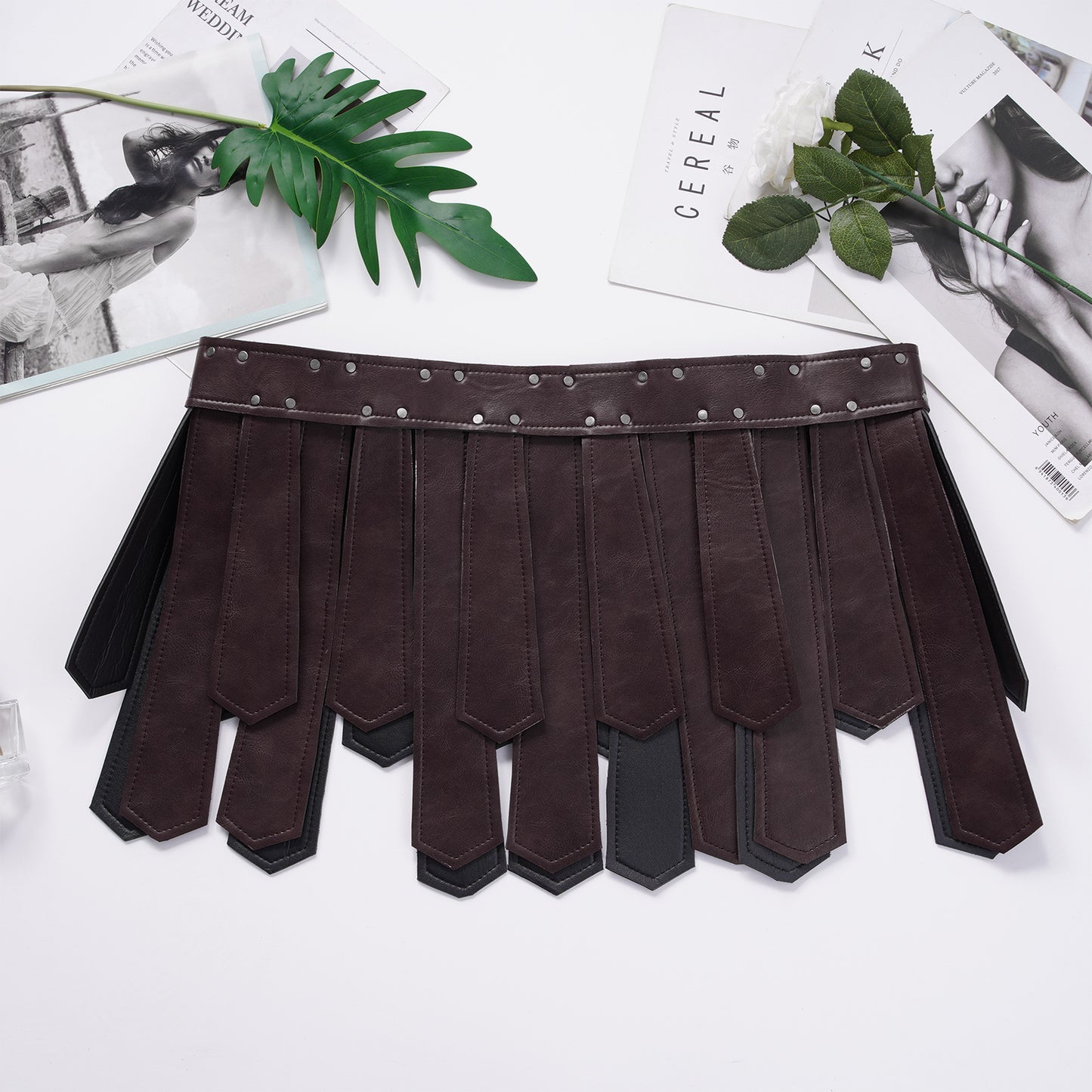 Mens Roman Patent Leather Skirts Medieval Warrior Adjustable Rivets Tassel Waist Belt with Buckle Gladiator Kilt Cosplay Bottoms