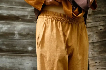 Medieval/Viking Style Washed Cotton Trousers with Side Pockets Elastic Waistband and Lace-up Calf