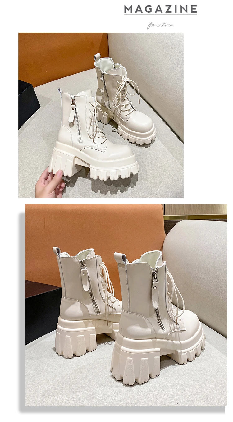 Women High Platform Ankle Boots 2023 Winter Thick Sole Motorcycle Boots 9.5CM Heels Chunky Metal Short Leather Sneakers Woman