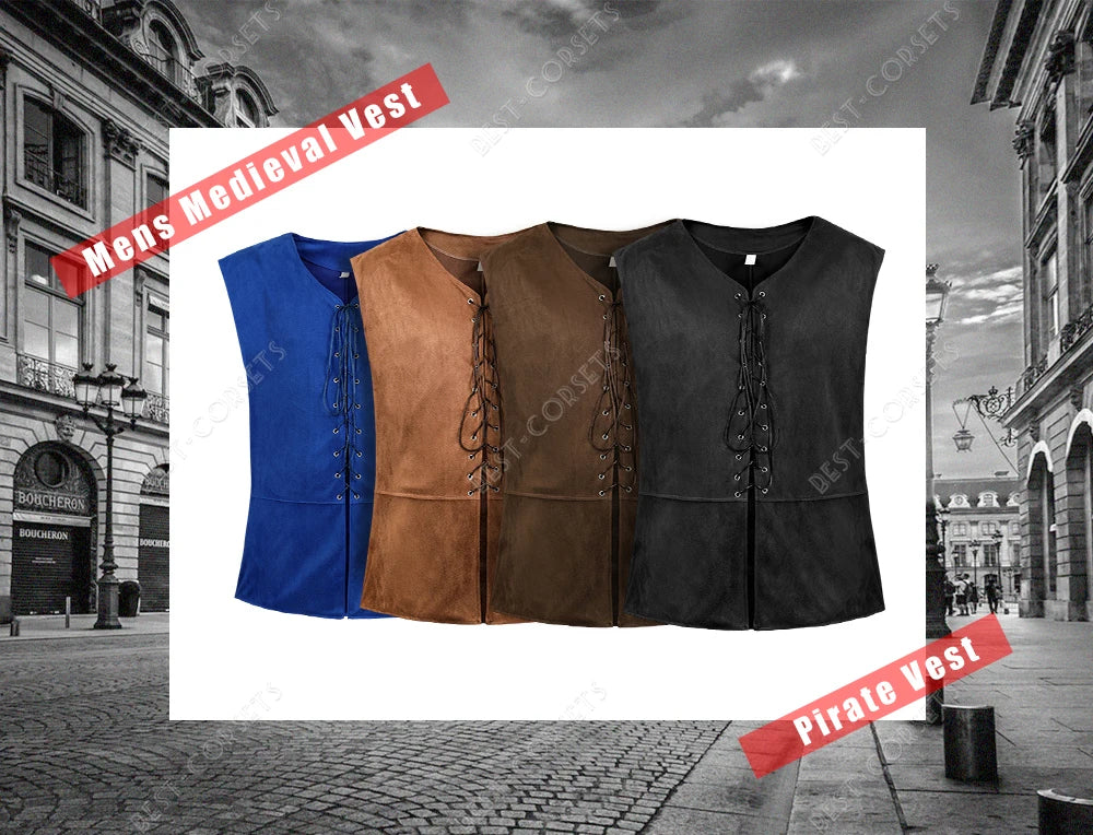 Medieval Vest Men Costume Renaissance Vest Steampunk Lace-Up Pirate Vest Plus Size Gothic Waistcoat Brown