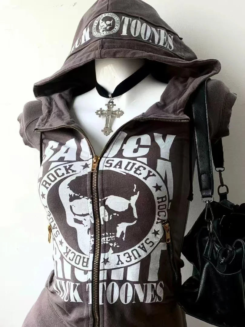 Winter Women's Clothes Hoodies Goth Letter Graphic Punk High Street 2000s Hot Girl Slim Short Sleeve Hooded Zip-up Y2K Hoody Top