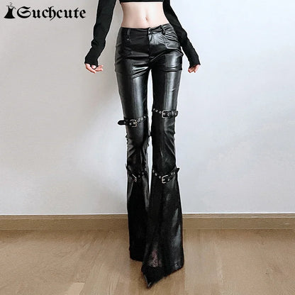 SUCHCUTE PU Leather Flare Pant Goth Buckle Lace Patchwork Pants Women Fashion Y2K Streetwear Vintage Aesthetics Casual Trouesrs