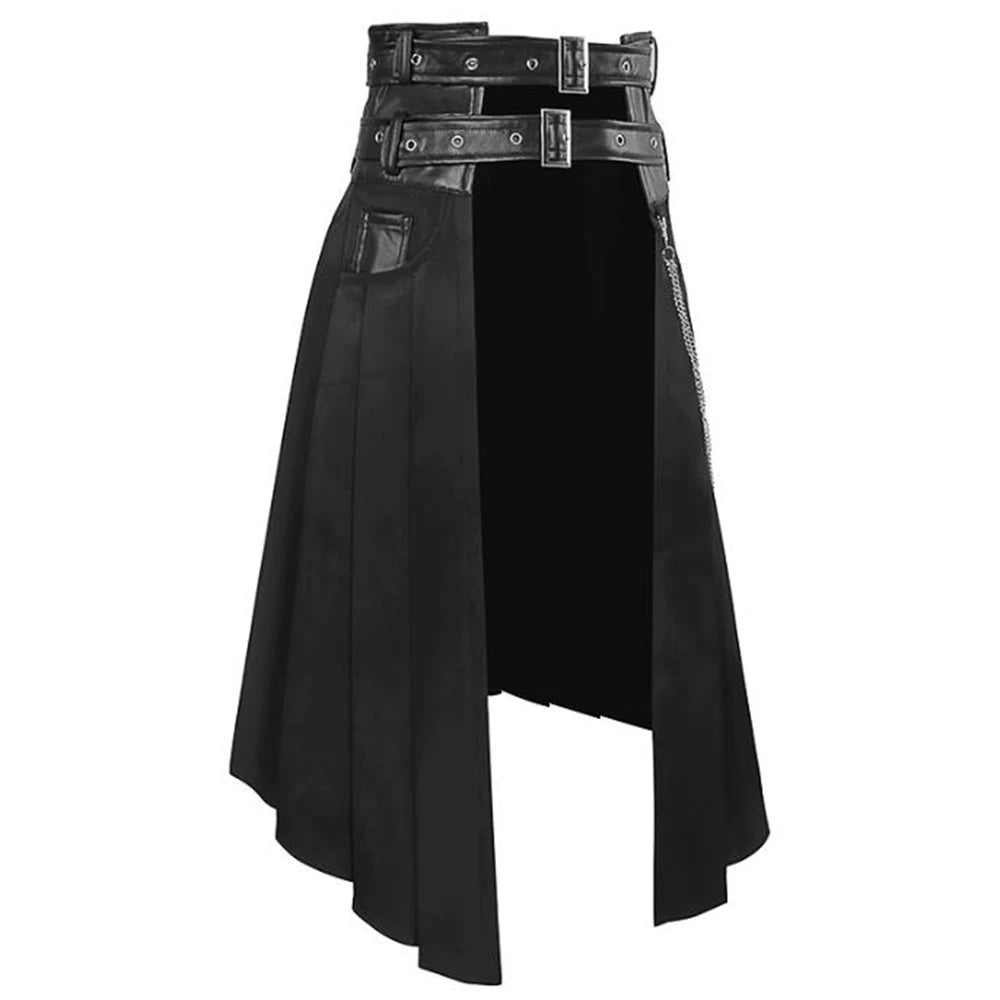 Cosplay Punk Pleated Skirt Men's Gothic Leather Belt Medieval Roman Warrior Kilt Metal Chian Asymmetry Black Halloween Costume