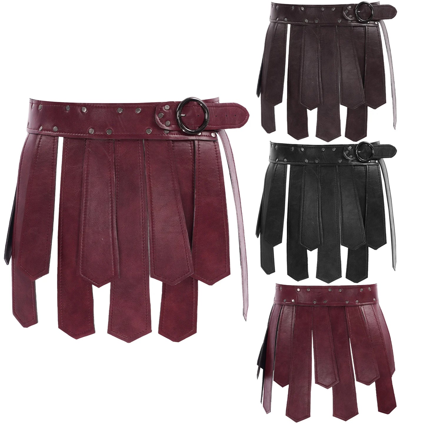 Mens Roman Patent Leather Skirts Medieval Warrior Adjustable Rivets Tassel Waist Belt with Buckle Gladiator Kilt Cosplay Bottoms