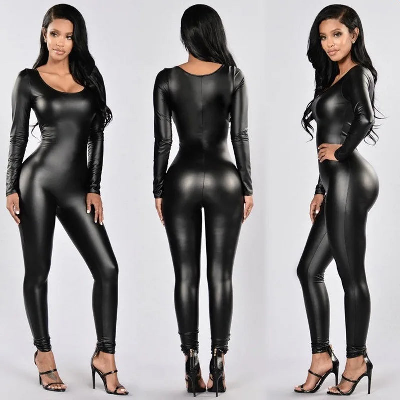 Woman PU Leather Jumpsuit Long Sleeve Catsuit Tights Cosplay Bodysuit Conjoined Pants Leotard Sexy Lingerie Club Unitard Teddies