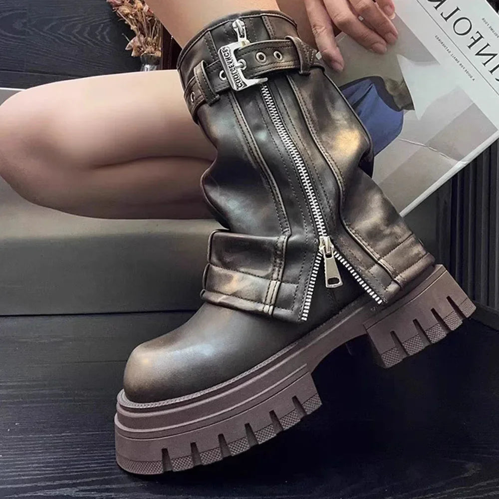 2024 Punk Platform Fold Ankle Boots for Women Belt Buckle Cool Combat Booties Goth Street Shoes For Women