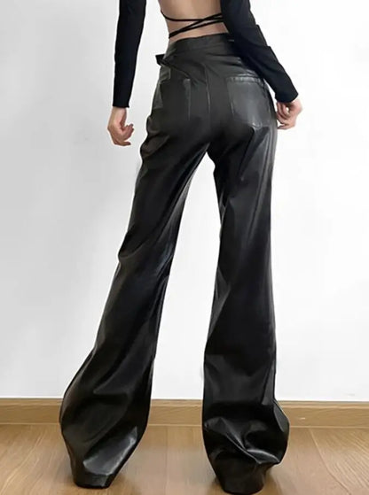 Faux Leather Flared Pants For Women Y2K Streetwear Goth Buckle Belt Leather Trouesrs