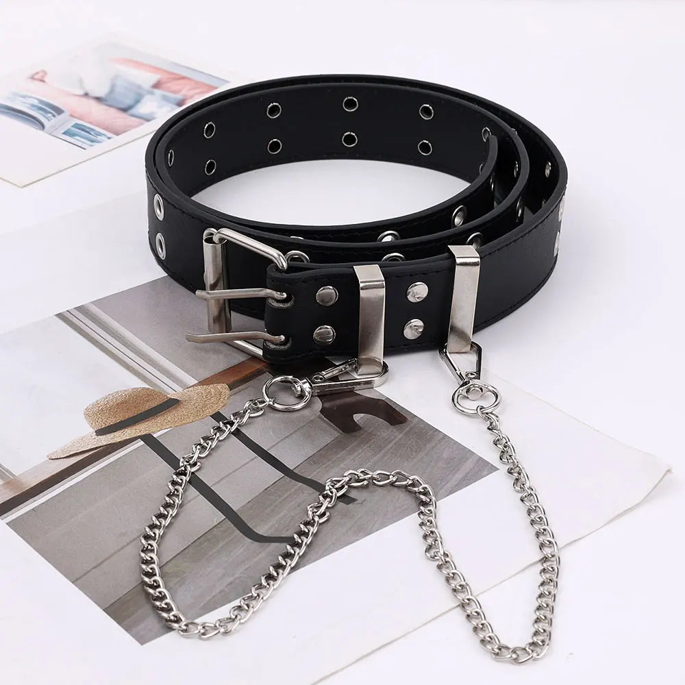 Punk Unisex Jeans Belt PU Leather Waist Buckle For Women Men Kpop Goth Chain Belt Black Free Size Grommet Belts For Pants