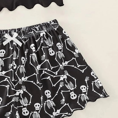 Gothic Skull Print Summer Pajamas Shorts Suits Women Halloween Sexy Sleepwear 2 Piece Set Slings Lingeries Tops+Short Pant Sets