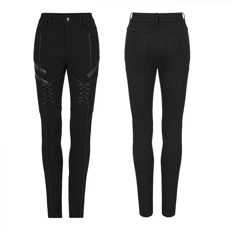 PUNK RAVE Women's Punk Daily Tight Fit Jeans Spliced Faux Leather Personality Black Pants Women Drawstring Design