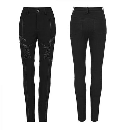 PUNK RAVE Women's Punk Daily Tight Fit Jeans Spliced Faux Leather Personality Black Pants Women Drawstring Design