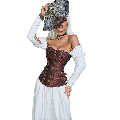 Waist Trainer Brocade Steampunk Jacquard Faux Leather Studded Overbust Brown Corset Bustier S-6XL