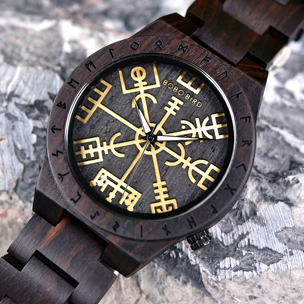 BOBO BIRD Viking Wooden Men Watch with Helm of Awe Unique Runic Circle Vegvisir Valknut Custom Wristwatch Norse Symbol Watches