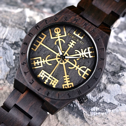 BOBO BIRD Viking Wooden Men Watch with Helm of Awe Unique Runic Circle Vegvisir Valknut Custom Wristwatch Norse Symbol Watches