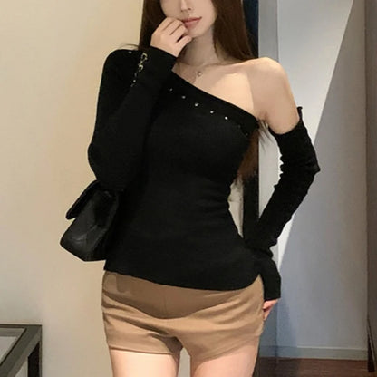 Lamuusaa y2k Tops for Women Rivet Slash Neck Long Sleeve Knitted T Shirts with Arm Sleeve Goth Fairycore Clothing Streetwear